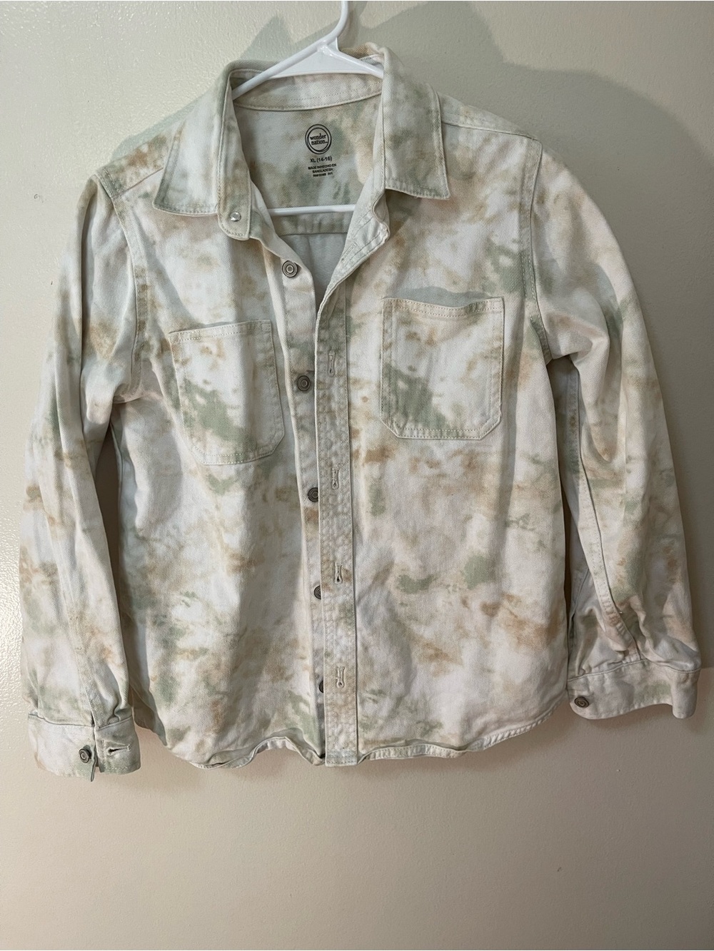 Wonder Nation Cream Tie-Dye Jean Shacket with Sage & Tan Accents